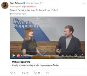 Rian Johnson, durante a transmissão do programa #WhatsHappening. no Twitter